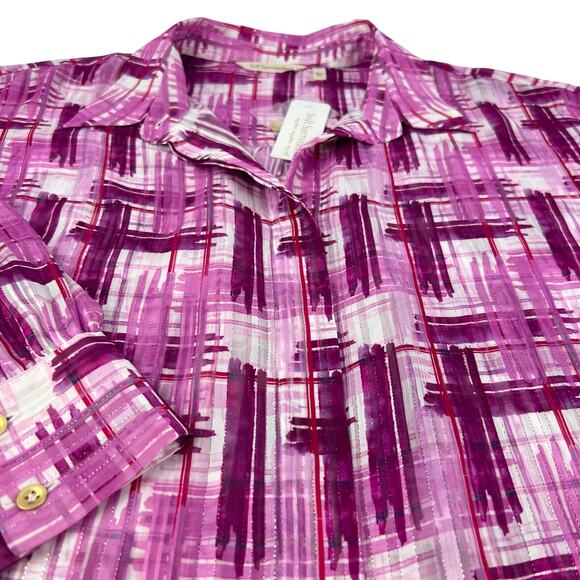 NEW Soft Surroundings M Absent Magenta Pink Metallic Sheer Button Porta Shirt - Picture 4 of 13